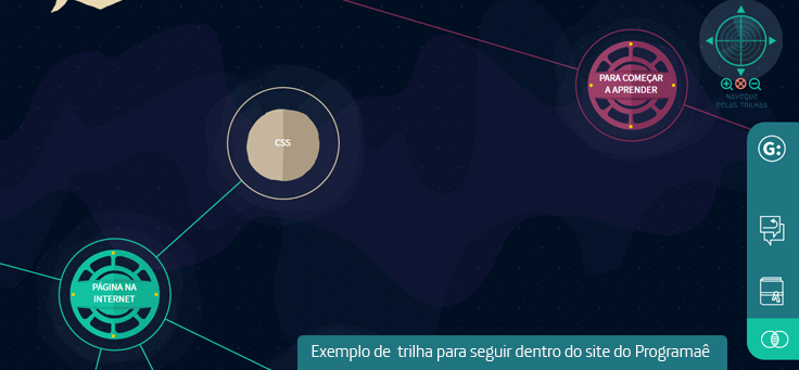 Imagem mostra frame do site do Programaê, com indicações para programar. Fundo escuro e ilustrações