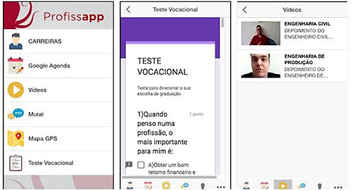 ProfissApp auxilia jovens com informações e tira dúvidas sobre profissões, processos seletivos, cursos técnicos e universitários, jogos vocacionais, além de ter um mapa com a localização das faculdades.