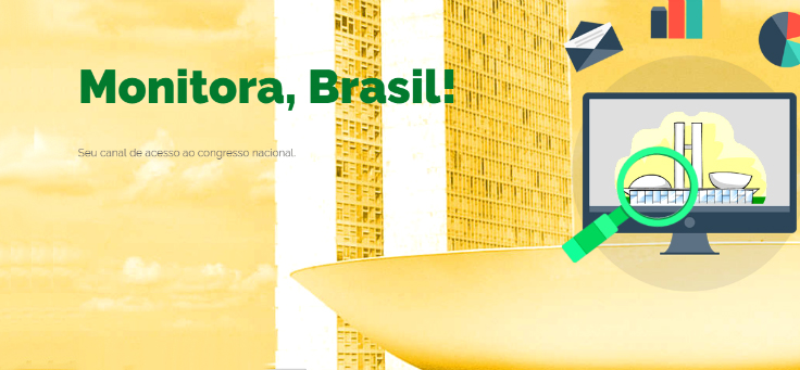 Tela inicial do site Monitora, Brasil! Com Lupa sobre o Congresso Nacional