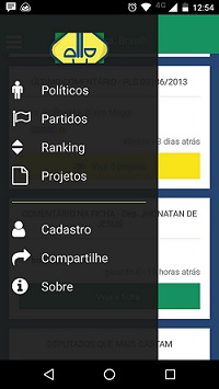 Print da tela do aplicativo Monitora Brasil mostra o menu do lado esquerdo, com opções com projeto, saiba mais, partidos, fichas.