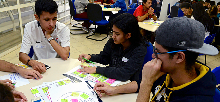 Três jovens empreendedores das ETECs sentados em uma mesa com papeis coloridos