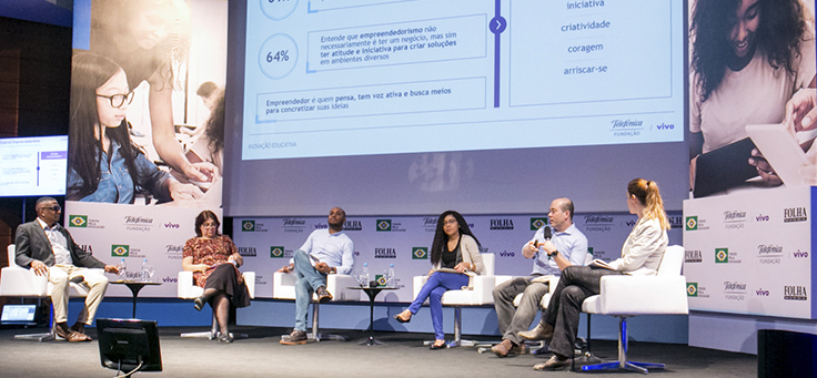 Imagem mostra uma das mesas do evento Inovação Educativa, promovido pela Folha de São Paulo. Há seis palestrantes sentados em semicírculo em cima do palco