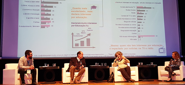 Ana Lucia Lima, economista e fundadora da Rede Conhecimento Social, está falando sentada em poltrona, rodeada por outros três palestrantes no palco do Jeduca