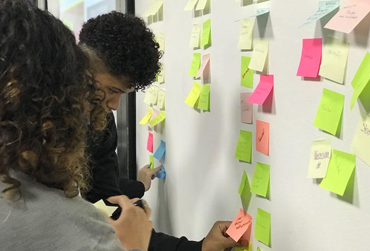 Duas mulheres colam post its na parede durante dinâmica sobre metodologia da pesquisa Juventude Conectada
