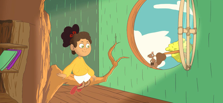 Na imagem, a personagem Min interage com um esquilo