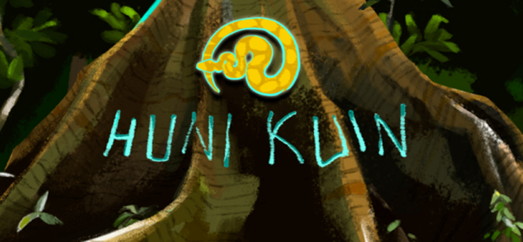 Capa do game brasileiro Huni Kuin mostra o nome do jogo com o tronco de uma árvore ao fundo.