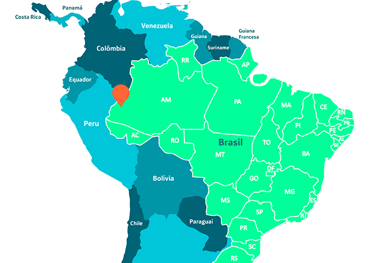 Mapa mostra parte da América Latina e marca região entre Brasil e Peru, onde se localizam indígenas do povo Matsés, que criou enciclopédia sobre plantas medicinais.
