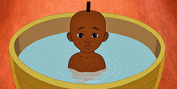 Imagem de Kiriku e Feiticeira traz um menino negro tomando banho em uma bacia. Animação integra lista de obras que ensinam cultura afro-brasileira, conforme a lei 10.639/03.