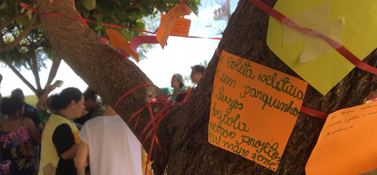 O coletivo A-braço é uma das iniciativas voluntárias e atua no Ceará. Na imagem, cartazes estão colados em árvore.