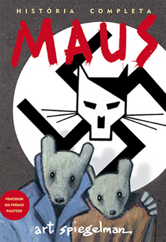 Maus é um dos quadrinhos que podem ser usados para debater temas da sociedade em sala de aula. Na capa, dois ratos estão abraçados enquanto ao fundo um muro exibe uma suástica estilizada com o desenho de um gato.