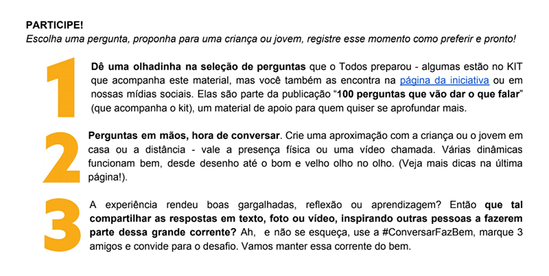Imagem mostra algumas dicas do Todos pela Educação que podem ajudar a colocar as conversas em prática