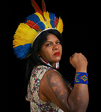 Sônia Guajajara é uma das lideranças indígenas que se destacam no Brasil. Ela está posando de lado, usando um cocar amarelo e azul, além de pintura corporal e adereço no braço direito erguido em pose. com o braço esquerdo levantado.