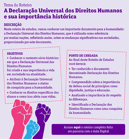 Tema do Roteiro: A Declaração Universal dos Direitos Humanos e sua importância histórica Descrição: Neste roteiro de estudos, vamos conhecer um importante documento para a humanidade: a Declaração Universal dos Direitos Humanos, que é utilizada como referência por muitas nações, refletindo assim, sobre as mudanças significativas nas sociedades, proporcionado por este documento. Objetivos: ●Conhecer o contexto sócio histórico em que a Declaração Universal dos Direitos Humanos foi criada e sua importância a vida em sociedade na atualidade; ●Atribuir à Declaração Universal dos Direitos Humanos o status de conquista para a humanidade; ●Conhecer os direitos específicos dos alunos e como isso afeta suas vidas. Ponto de chegada: •Ao final deste Roteito de Estudos você deverá: •Ter conhecido o documento denominado Declaração dos Direitos Humanos, •Compreendido sobre a importância da defesa social de princípios como dignidade, justiça e educação. •Analisado a importância do respeito às diferenças. •Identificado a Declaração dos Direitos Humanos como uma conquista da humanidade. Acesse aqui o roteiro completo feito em parceria com o Aula Digital