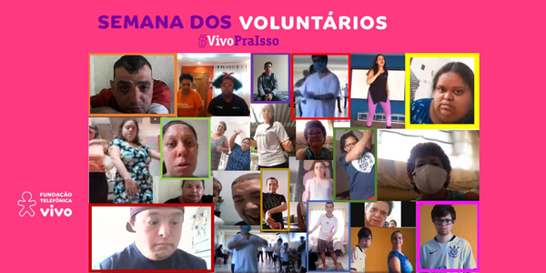 Tela dividida em 15 frames mostram os rostos de colaboradores e beneficiários da Nova 4E durante a Semana dos Voluntários.