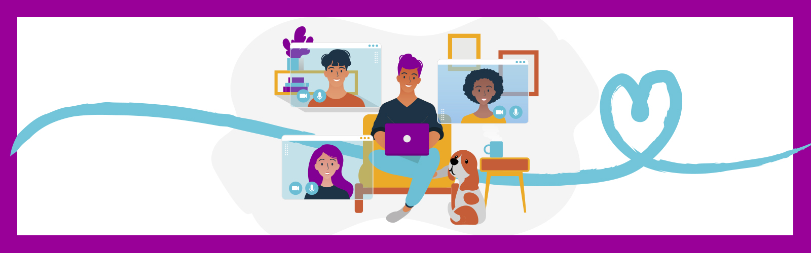 A imagem é uma animação colorida com o desenho de um rapaz sentado ao centro e atrás dele três telas com o rosto de outras pessoas simulando uma videoconferência. Há um cachorro sentado ao lado dele.