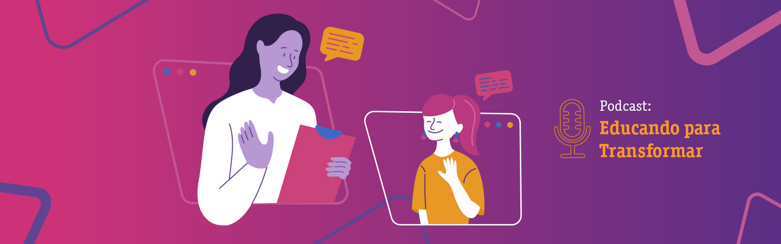 Ilustração colorida com o desenho de duas mulheres, ao lado direito se lê: Podcast