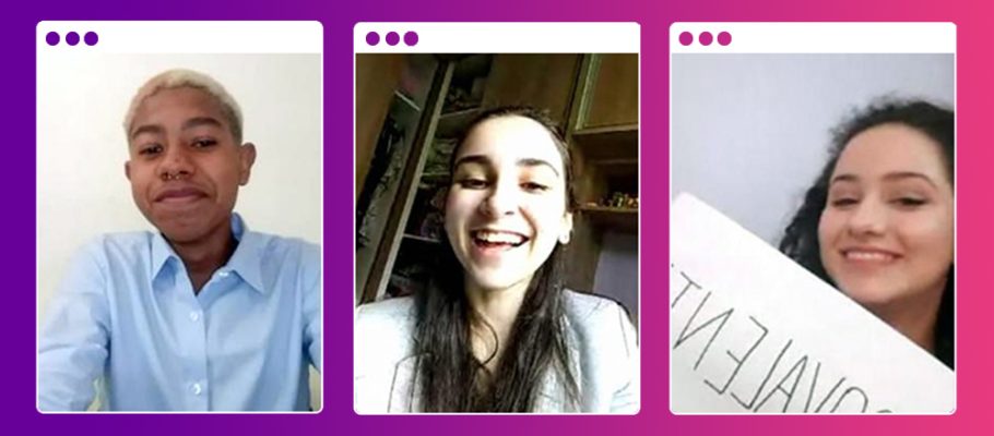 Imagem do 1º Demoday Virtual do Pense Grande traz uma colagem com os integrantes do grupo Coovalente, Vitor Pereira, Danielly Goes e Ana Júlia Santos. Eles estão em frames separados, com o fundo rosa e roxo.