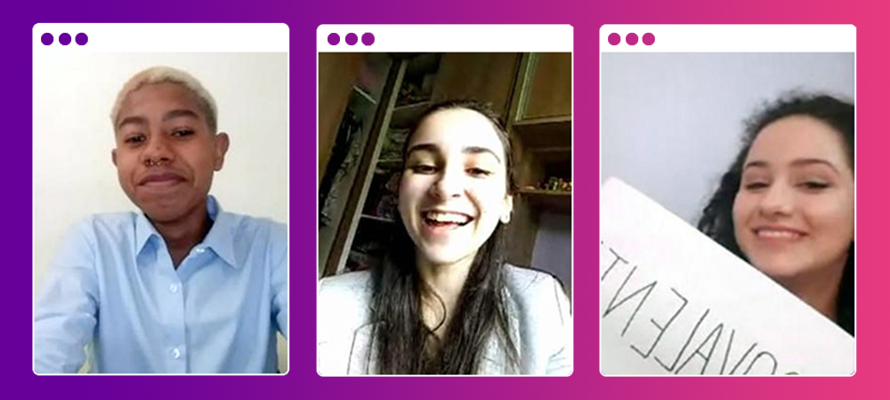 Imagem do 1º Demoday Virtual do Pense Grande traz uma colagem com os integrantes do grupo Coovalente, Vitor Pereira, Danielly Goes e Ana Júlia Santos. Eles estão em frames separados, com o fundo rosa e roxo.