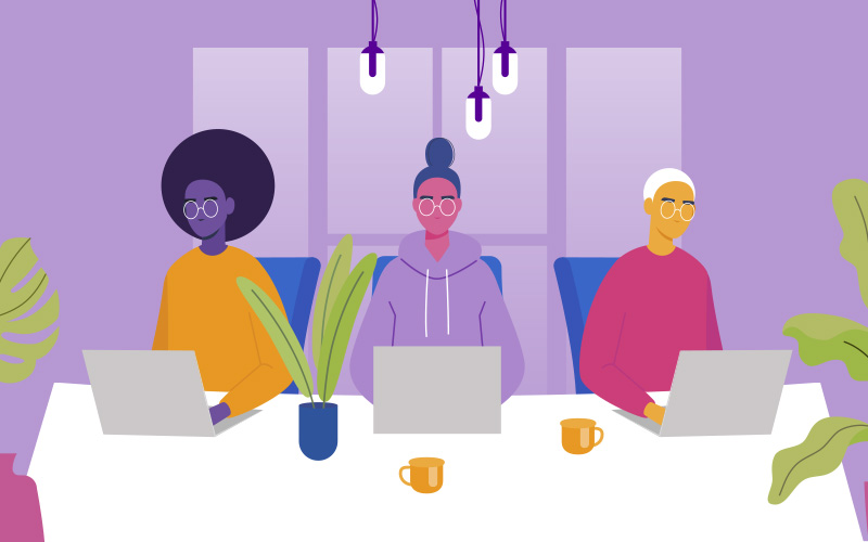Imagem que representa o quiz A 42 São Paulo é para mim? é uma ilustração que mostra três pessoas utilizando notebook e sentadas em fileira em uma mesa. A primeira é uma mulher negra de cabelos crespos, usando óculos e blusa amarela; a segunda é uma mulher branca com os cabelos presos num coque, usando moletom; a terceira é uma pessoa de cabelos brancos e curtos, usando óculos. Ao fundo e sobre a mesa há plantas.