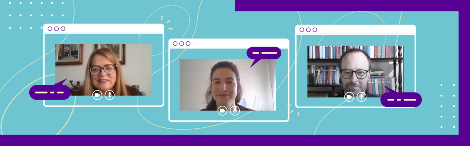 A imagem é o print da tela de computador com a participação da assistente pedagógica, Cintia Bauer, da gerente de projetos sociais da Fundação Telefônica Vivo, Renata Altman e do formador do Aula Digital, Ricardo Gausman