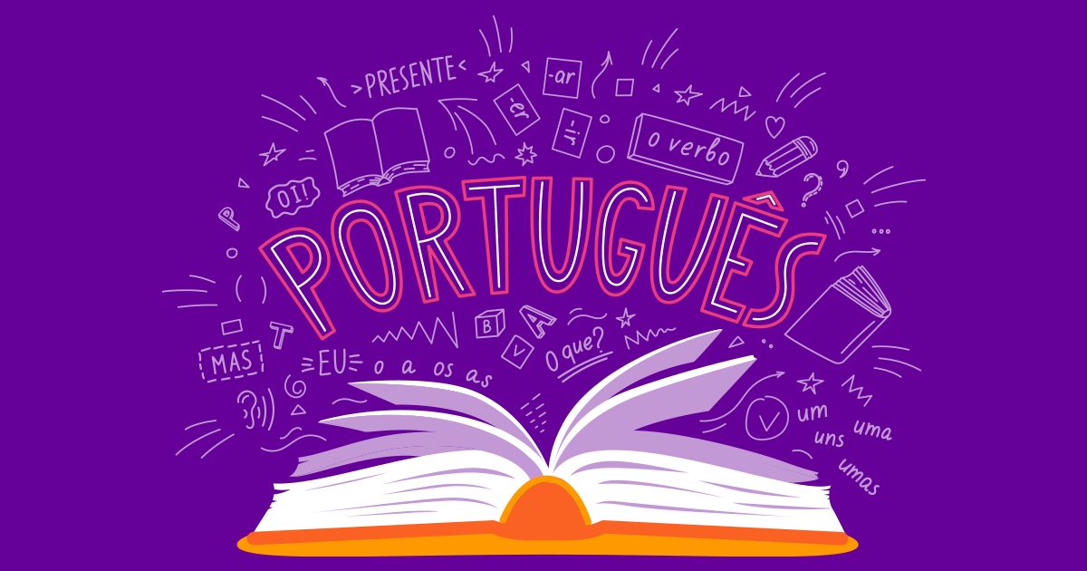 Ilustração de um livro aberto em um fundo púrpura com diversos ícones em volta. Ao centro está escrito Português.