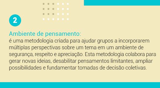 Imagem com a frase 2 Ambiente de pensamento: é uma metodologia criada para ajudar grupos a incorporarem múltiplas perspectivas sobre um tema em um ambiente de segurança, respeito e apreciação. Esta metodologia colabora para gerar novas ideias, desabilitar pensamento limitantes, ampliar a possibilidades e fundamentar tomadas de decisões coletivas.