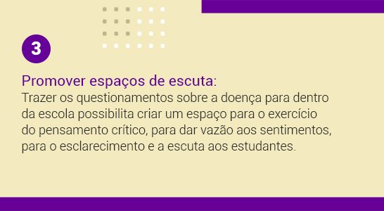 Imagem com a frase 3 Promover espaços de escuta: trazer os questionamentos sobre a doença dentro da escola possibilita criar um espaço para o exercício do pensamento crítico para dar vazão aos sentimentos, para o esclarecimento e a escuta aos estudantes.