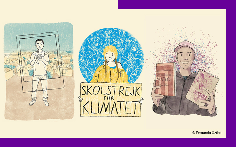 montagem com ilustrações do livro 21 histórias de estudantes que mudaram a escola