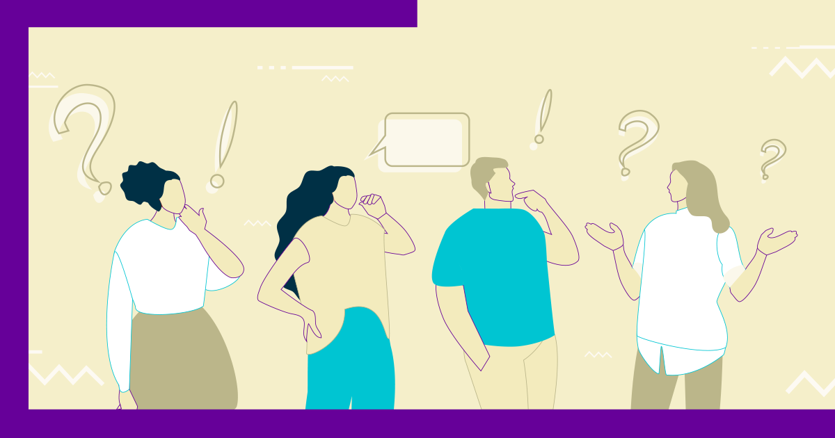 ilustração com o desenho de quatro pessoas uma ao lado da outra em volta de alguns símbolos de pontuação como a exclamação e o ponto de interrogação