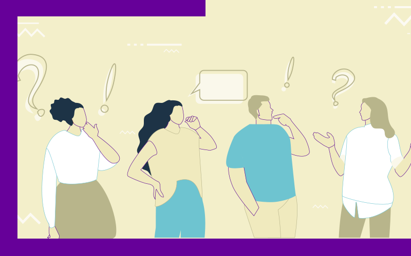 ilustração com o desenho de quatro pessoas uma ao lado da outra em volta de alguns símbolos de pontuação como a exclamação e o ponto de interrogação