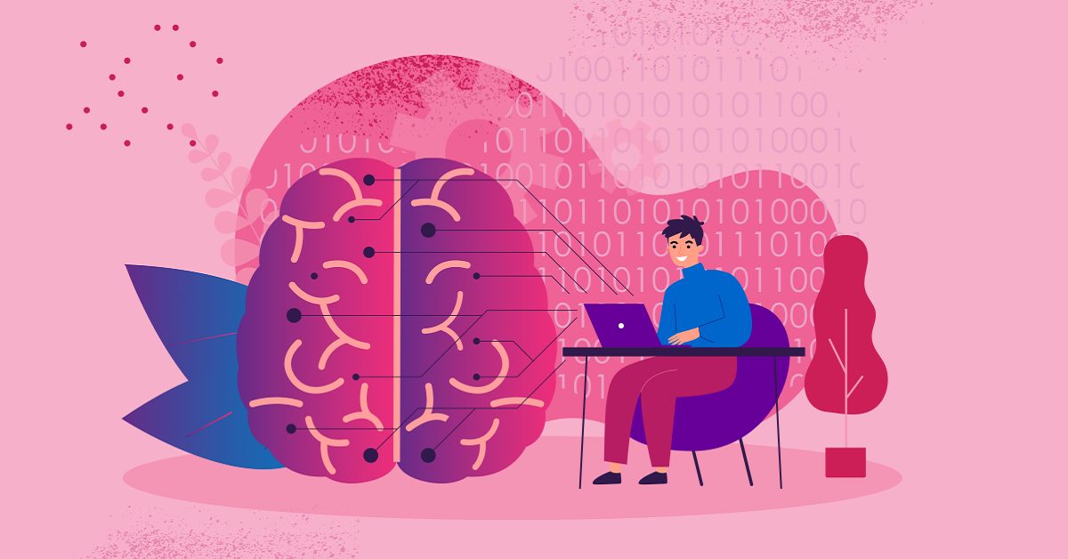 imagem ilustrativa de uma pessoa no computador e um cérebro ao lado mostra como funciona o cérebro dos programadores