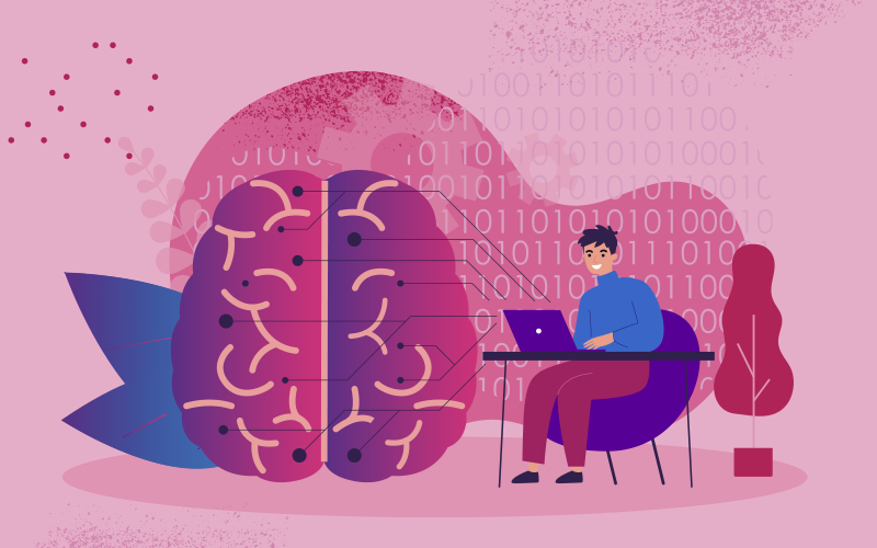 imagem ilustrativa de uma pessoa no computador e um cérebro ao lado mostra como funciona o cérebro dos programadores