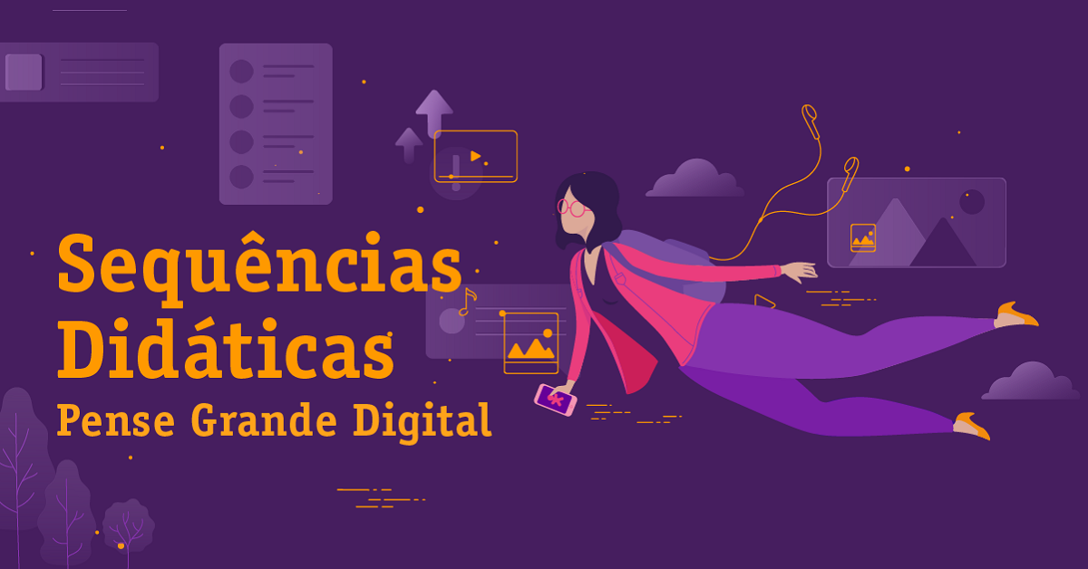 Imagem mostra ilustração de uma mulher “sobrevoando” um cenário composto por itens de tecnologia, como celular, fones de ouvido e tela de computador. As cores predominantes da ilustração são roxa e rosa.