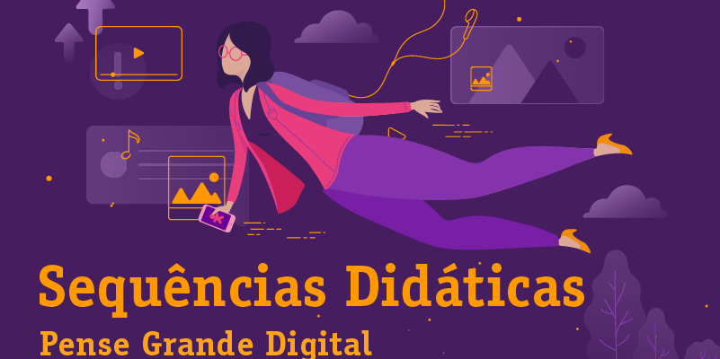 Imagem mostra ilustração de uma mulher “sobrevoando” um cenário composto por itens de tecnologia, como celular, fones de ouvido e tela de computador. As cores predominantes da ilustração são roxa e rosa.