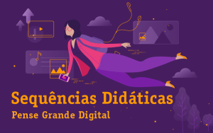 Imagem mostra ilustração de uma mulher “sobrevoando” um cenário composto por itens de tecnologia, como celular, fones de ouvido e tela de computador. As cores predominantes da ilustração são roxa e rosa.