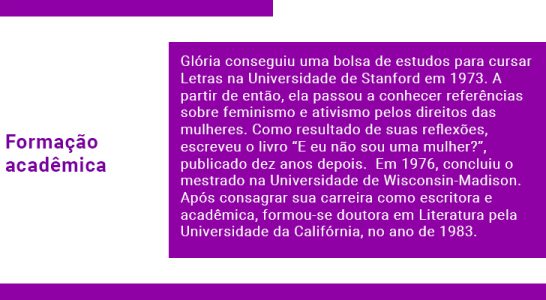 Formação acadêmica Glória conseguiu uma bolsa de estudos para cursar Letras na Universidade de Stanford em 1973. A partir de então, ela passou a conhecer referências sobre feminismo e ativismo pelos direitos das mulheres. Como resultado de suas reflexões, escreveu o livro “Eu não sou uma mulher?”, publicado dez anos depois. Em 1976, concluiu o mestrado na Universidade de Wisconsin-Madison. Após consagrar sua carreira como escritora e acadêmica, formou-se doutora em Literatura pela Universidade da Califórnia, no ano de 1983.