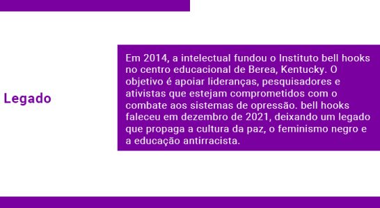 Legado Em 2014, a intelectual fundou o Instituto bell hooks no centro educacional de Berea, Kentucky. O objetivo é apoiar lideranças, pesquisadores e ativistas que estejam comprometidos com o combate aos sistemas de opressão. bell hooks faleceu em dezembro de 2021, deixando um legado que propaga a cultura da paz, o feminismo negro e a educação antirracista.
