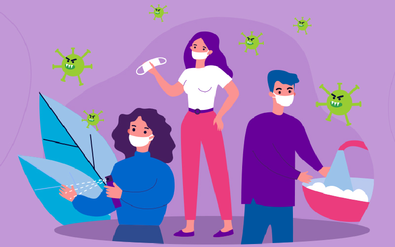 Ilustração mostra pessoas usando máscara em prevenção ao coronavírus