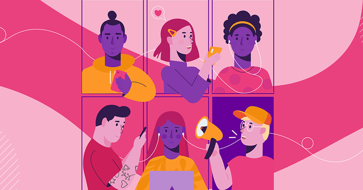 Ilustração traz seis pessoas desenhadas em frames com diversos estilos para representar a importância de formar comunidades e trabalhar nas redes sociais.