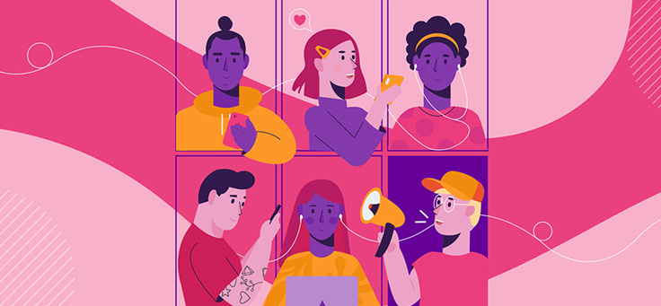 Ilustração traz seis pessoas desenhadas em frames com diversos estilos para representar a importância de formar comunidades e trabalhar nas redes sociais.
