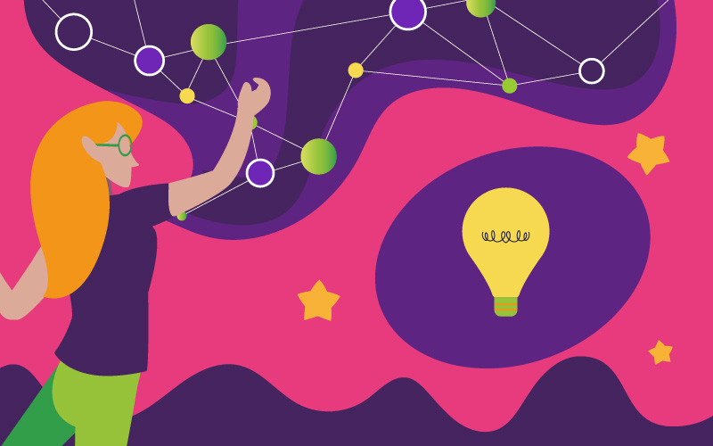 Imagem mostra a ilustração de uma jovem em um cenário super colorido. Ela está tentando tocar os pontos de uma conexão que abrange toda a cena da ilustração. Também há a ilustração de uma lâmpada e algumas estrelas.