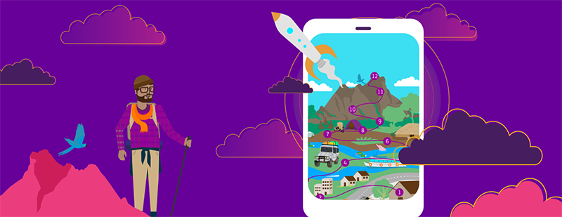 Ilustração em que as cores roxo e rosa predominam mostra o personagem Juca, vestido com roupas de alpinista, ao lado de uma tela de smartphone em que se vê elementos gráficos do aplicativo Pense Grande Digital. 