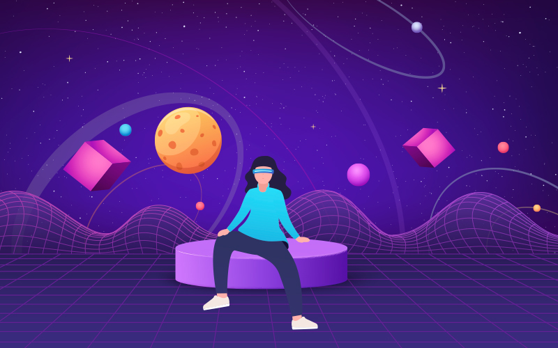 Imagem mostra a ilustração de uma moça sentada em uma espécie de “puff” na cor roxa. Ela usa óculos que parecem ser de realidade aumentada. Ao seu redor, há uma série de quadrados e objetos circulares “sobrevoando” o ambiente