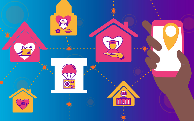 Imagem mostra ilustração de sete ícones que representam áreas e tipos de trabalho voluntário, como educação, doção de alimentos etc. Todos os ícones estão conectados por uma linha pontilhada, que também se conecta à ilustração de um celular que está na mão de alguém ilustrado pela imagem.