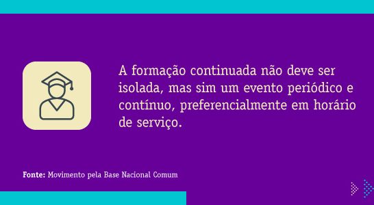 1. A formação continuada não deve ser isolada, mas sim um evento periódico e contínuo, preferencialmente em horário de serviço. Fonte: Movimento pela Base Nacional Comum