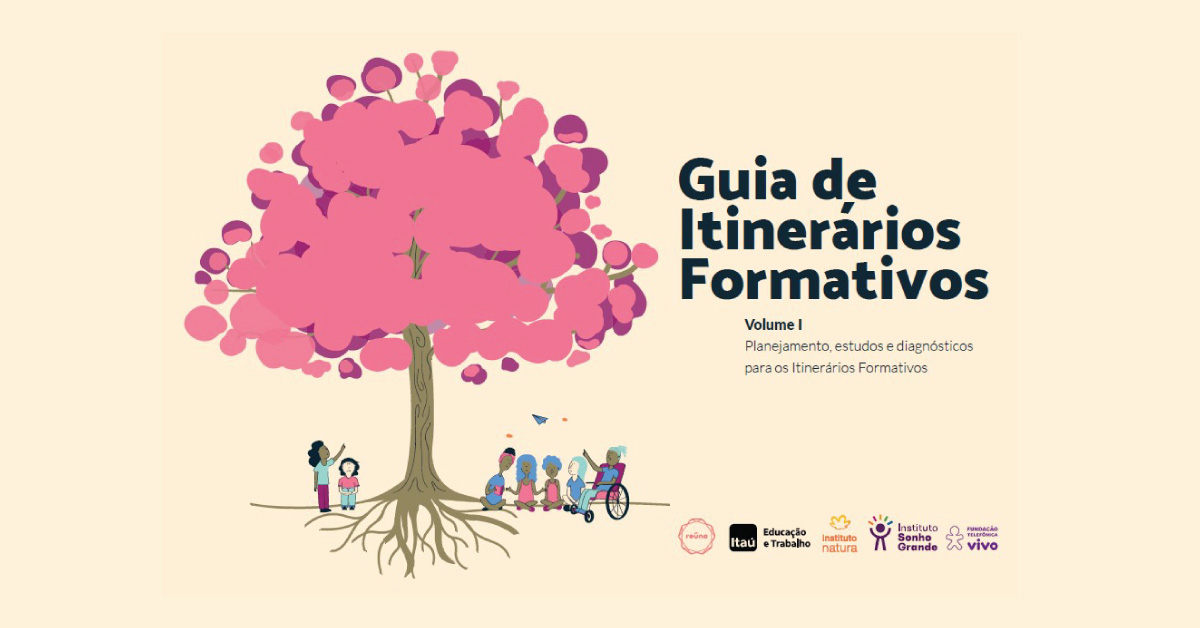Imagem mostra a capa do volume 1 do Guia de Itinerários Formativos. Nela, já a ilustração de uma árvore e de pessoas ao seu redor. A cor predominante é rosa.