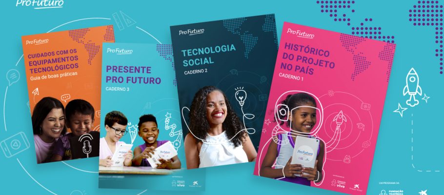 Imagem mostra as capas dos quatro cadernos de sistematização do projeto Aula Digital com os títulos dos cadernos e imagens de educadores e estudantes. O fundo da imagem tem a cor azul clara