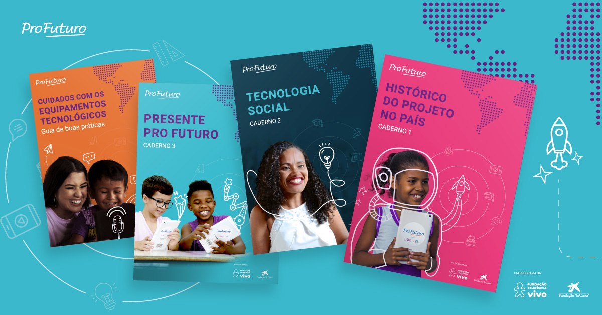 Imagem mostra as capas dos quatro cadernos de sistematização do projeto Aula Digital com os títulos dos cadernos e imagens de educadores e estudantes. O fundo da imagem tem a cor azul clara