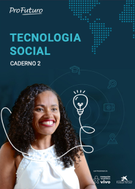 Imagem mostra a capa do caderno 2 com o título Tecnologia Social. Há a imagem de uma professora negra, de cabelos encaracolados e soltos, usando blusa branca. O fundo da imagem é na cor azul marinho e há grafismos e ilustrações na cor branca.