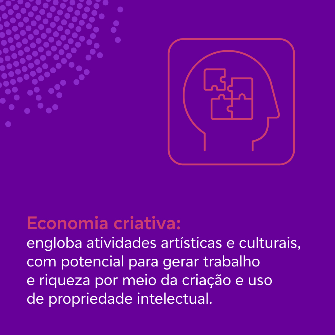 Economia criativa: engloba atividades artísticas e culturais, com potencial para gerar trabalho e riqueza por meio da criação e uso da propriedade intelectual